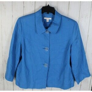 JM COLLECTION Bright BLUE LINEN Big Button CHIC Jacket  3/4 Sleeve 16
